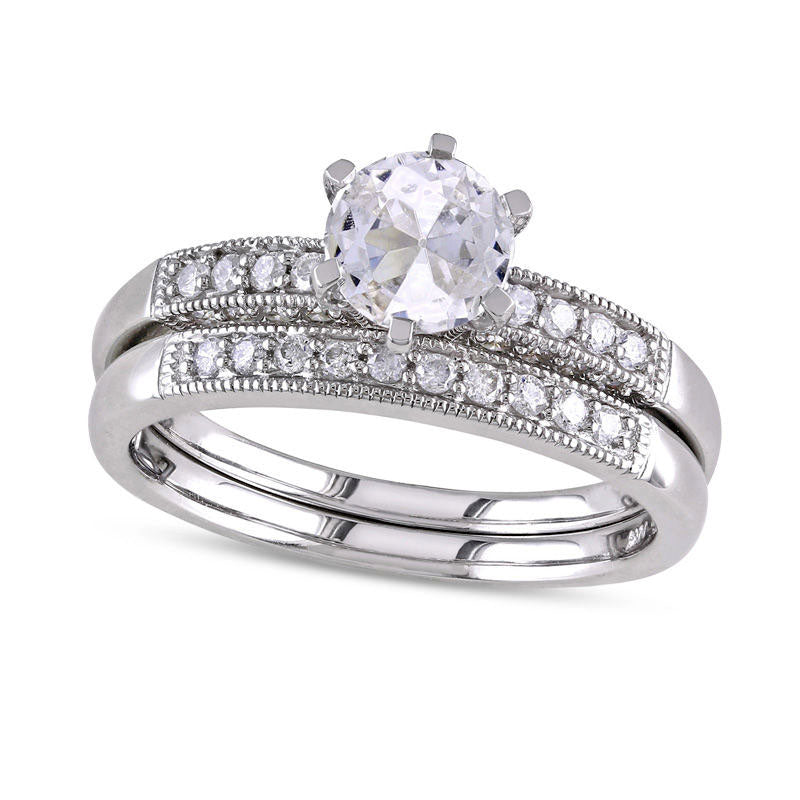 6.5mm Lab-Created White Sapphire and 0.33 CT. T.W. Diamond Bridal Engagement Ring Set in Solid 10K W