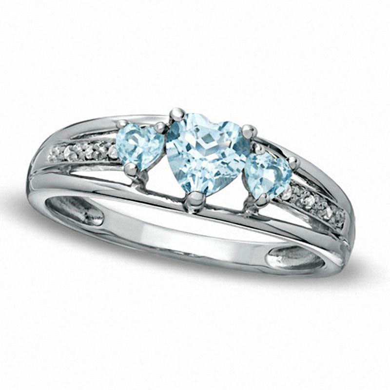 Heart-Shaped Simulated Aquamarine and Natural Diamond Accent Three Stone Promise Ring in Solid 10K W