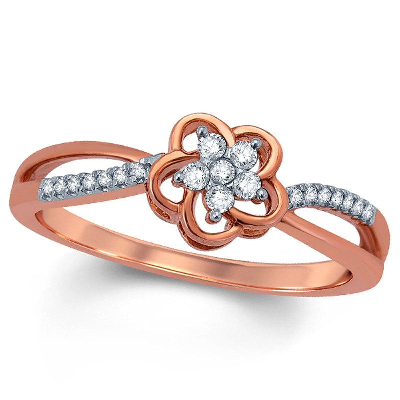 0.13 CT. T.W. Natural Diamond Flower Split Shank Ring in Solid 10K Rose Gold