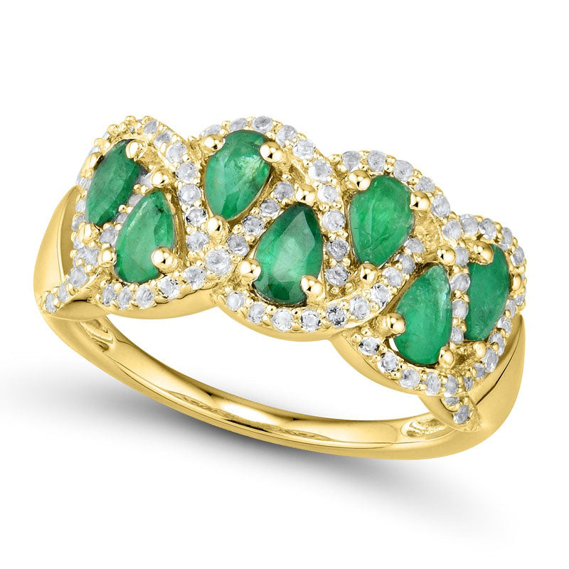 Pear-Shaped Lab-Created Emerald and White Sapphire Woven Ring in Sterling Silver with Solid 14K Gold