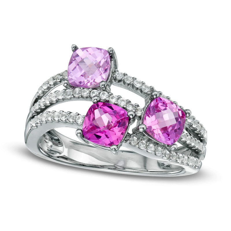 Cushion-Cut Lab-Created Pink and White Sapphire Three Stone Wave Ring in Sterling Silver