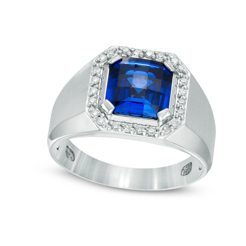 Men's 9.0mm Cushion-Cut Lab-Created Blue Sapphire and 0.25 CT. T.W. Diamond Frame Comfort Fit Ri