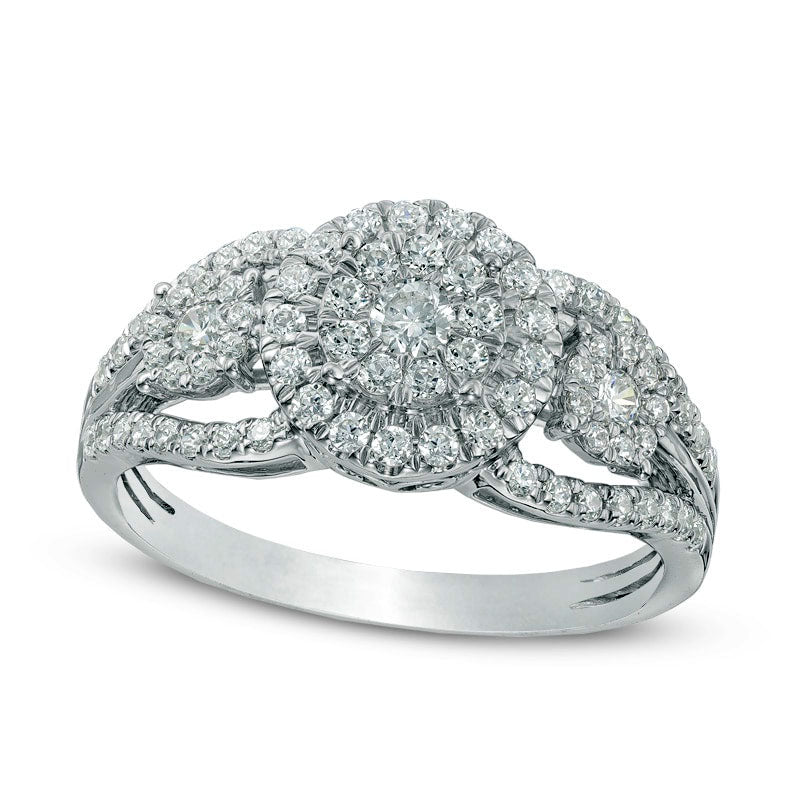 0.75 CT. T.W. Composite Natural Diamond Frame Three Stone Engagement Ring in Solid 10K White Gold