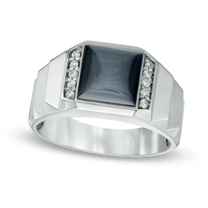 Men's 8.4mm Square Cat's Eye and 0.10 CT. T.W. Natural Diamond Ring in Solid 10K White Gold