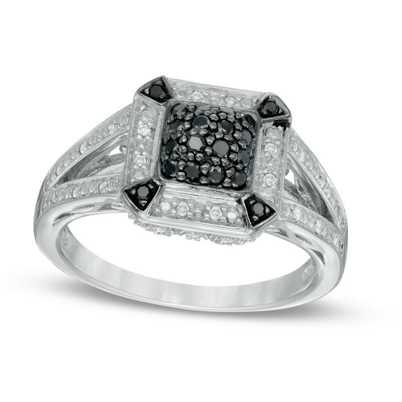 0.25 CT. T.W. Enhanced Black and White Natural Diamond Art Deco-Inspired Square Ring in Sterling Sil