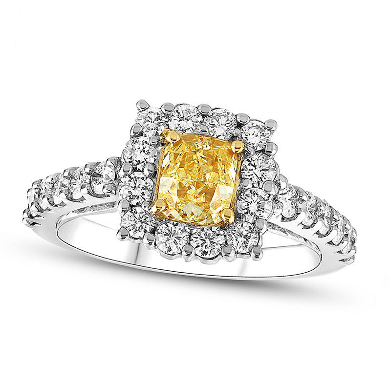 1.75 CT. T.W. Radiant-Cut Fancy Yellow and White Natural Diamond Frame Engagement Ring in Solid 14K 