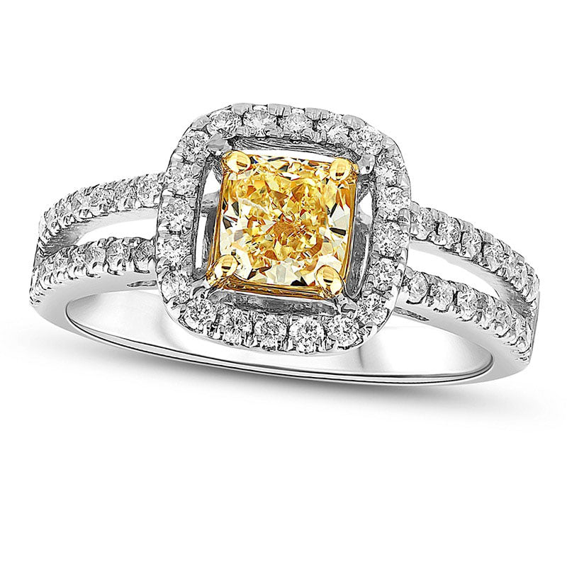 1.20 CT. T.W. Cushion-Cut Fancy Yellow and White Natural Diamond Frame Engagement Ring in Solid 18K 