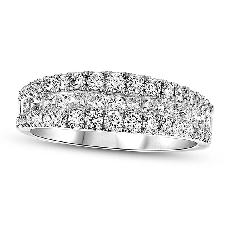 1.13 CT. T.W. Princess-Cut and Round Natural Diamond Three Row Anniversary Band in Solid 18K White G