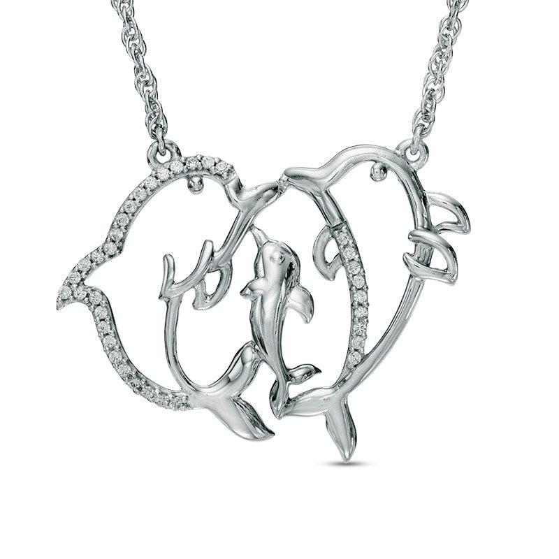 0.1 CT. T.W. Natural Diamond Dolphin Family Necklace in Sterling Silver - 17"