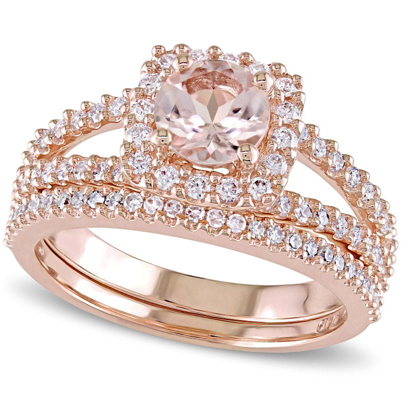 6.0mm Morganite and 0.63 CT. T.W. Natural Diamond Square Frame Split Shank Bridal Engagement Ring Se