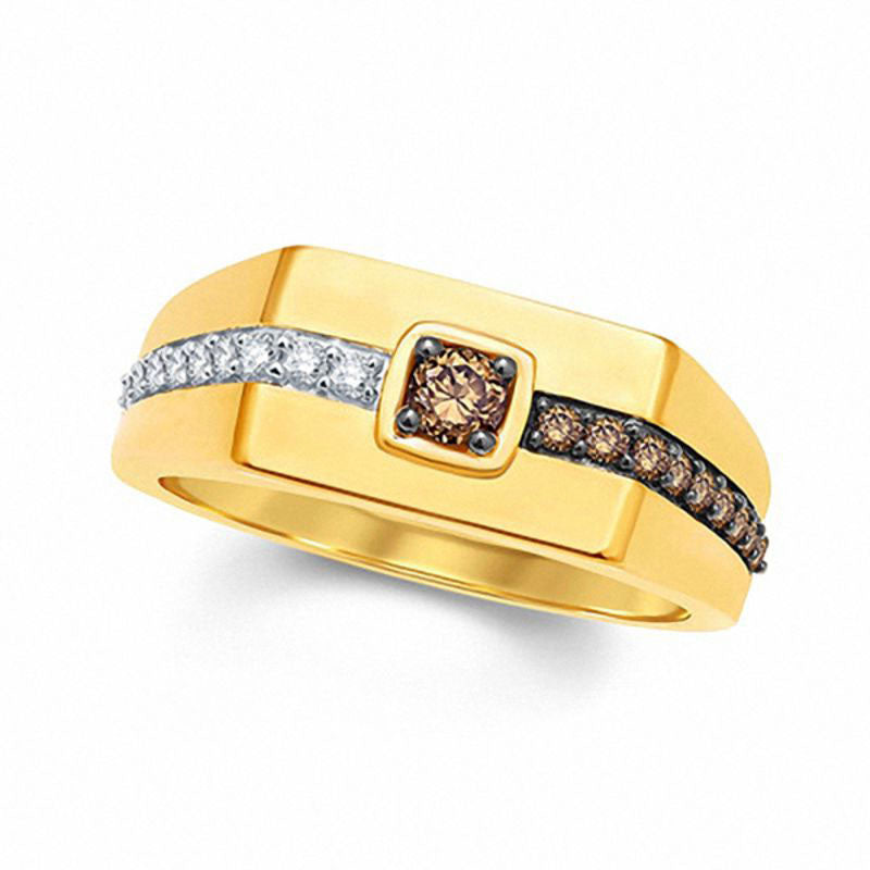 Men's 0.50 CT. T.W. Champagne and White Natural Diamond Ring in Solid 10K Yellow Gold