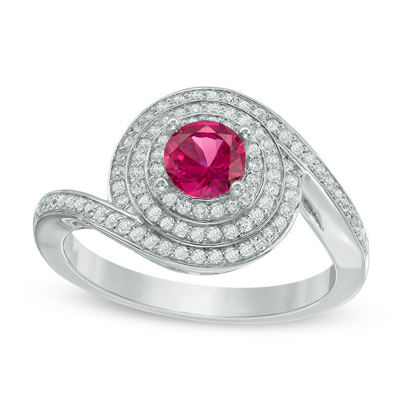 5.0mm Lab-Created Ruby and White Sapphire Layered Swirl Frame Ring in Sterling Silver