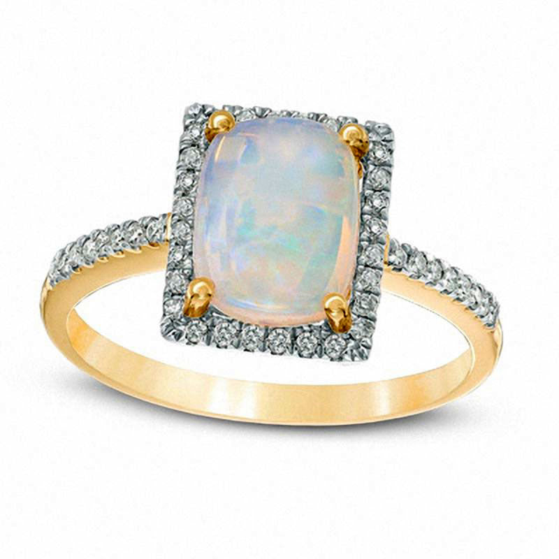 Cushion-Cut Opal and 0.13 CT. T.W. Natural Diamond Square Frame Ring in Solid 10K Yellow Gold