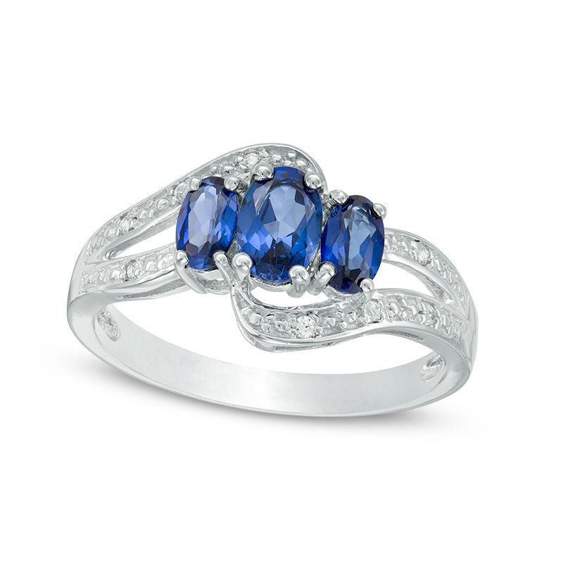 Oval Lab-Created Blue and White Sapphire Three Stone Bypass Ring in Sterling Silver