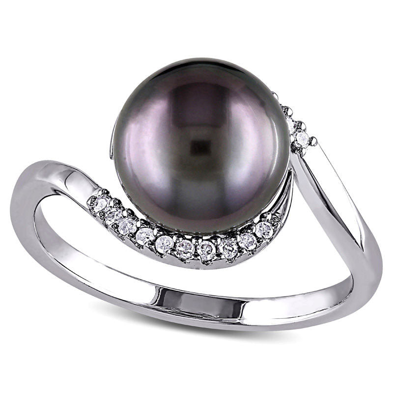 9.0 - 9.5mm Black Cultured Tahitian Pearl and 0.07 CT. T.W. Natural Diamond Bypass Ring in Sterling 