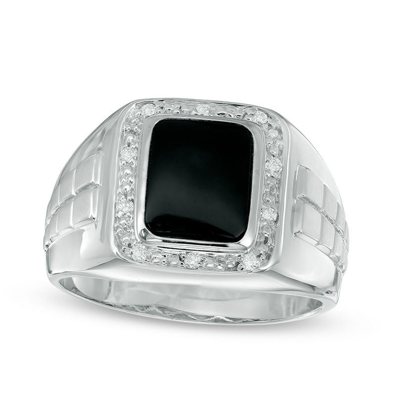 Men's Rectangular Onyx and 0.10 CT. T.W. Natural Diamond Ring in Solid 10K White Gold