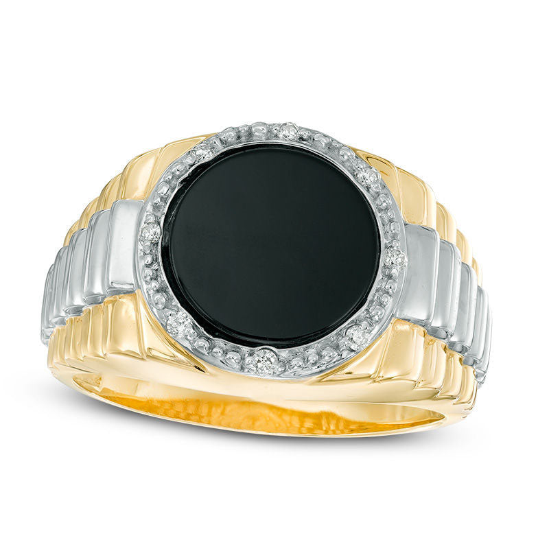 Men's Onyx and Natural Diamond Accent Frame Stepped Shank Signet Style Ring in Solid 10K Two-Ton