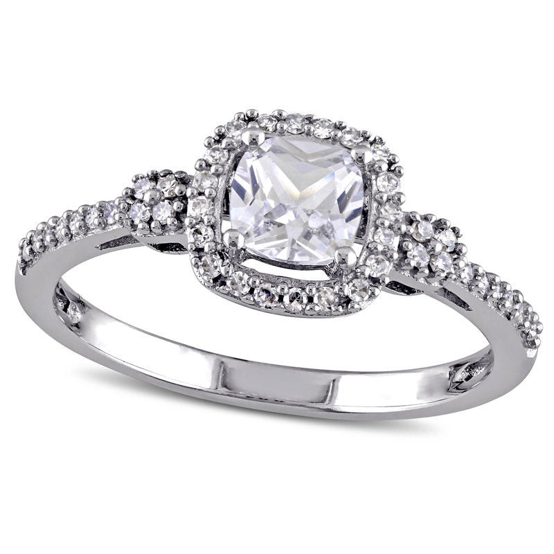 5.0mm Cushion-Cut Lab-Created White Sapphire and 0.17 CT. T.W. Diamond Frame Ring in Solid 10K White