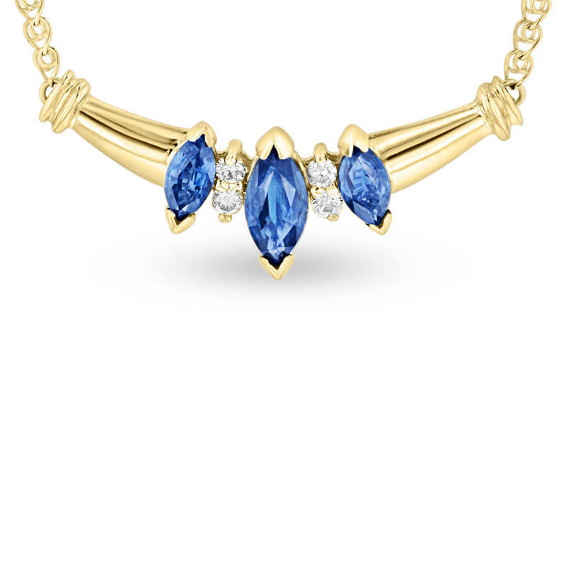 Marquise Blue Sapphire and Natural Diamond Accent Three Stone Necklace in 14K Gold - 16"