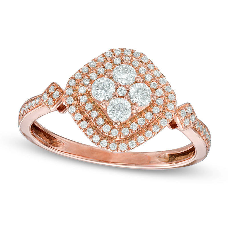 0.50 CT. T.W. Quad Natural Diamond Cushion Shaped Frame Ring in Solid 10K Rose Gold