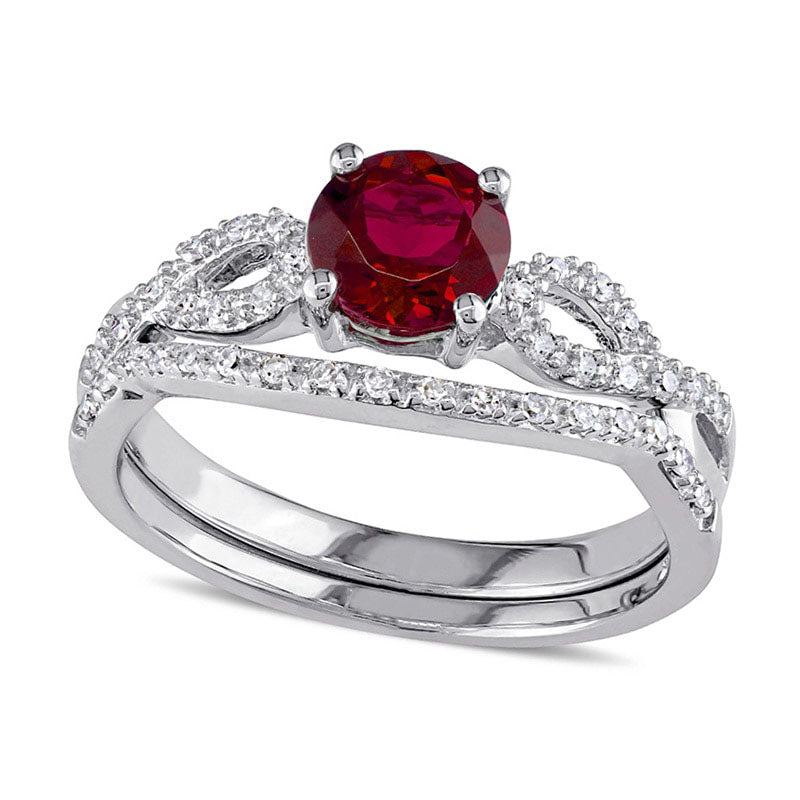 6.0mm Lab-Created Ruby and 0.13 CT. T.W. Diamond Twist Shank Bridal Engagement Ring Set in Solid 10K