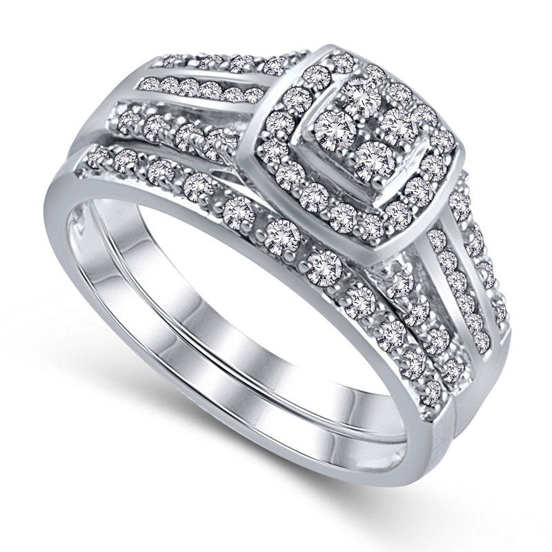 0.50 CT. T.W. Quad Natural Diamond Cushion Frame Multi-Row Bridal Engagement Ring Set in Sterling Si