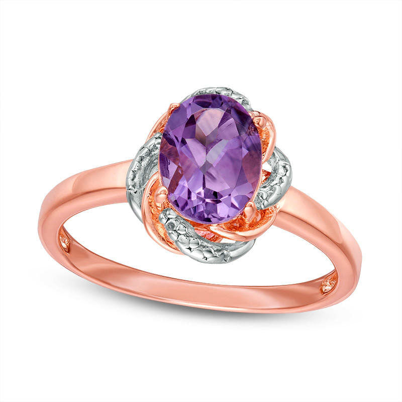 Oval Amethyst and Natural Diamond Accent Swirl Frame Ring in Sterling Silver with Solid 18K Rose Gol