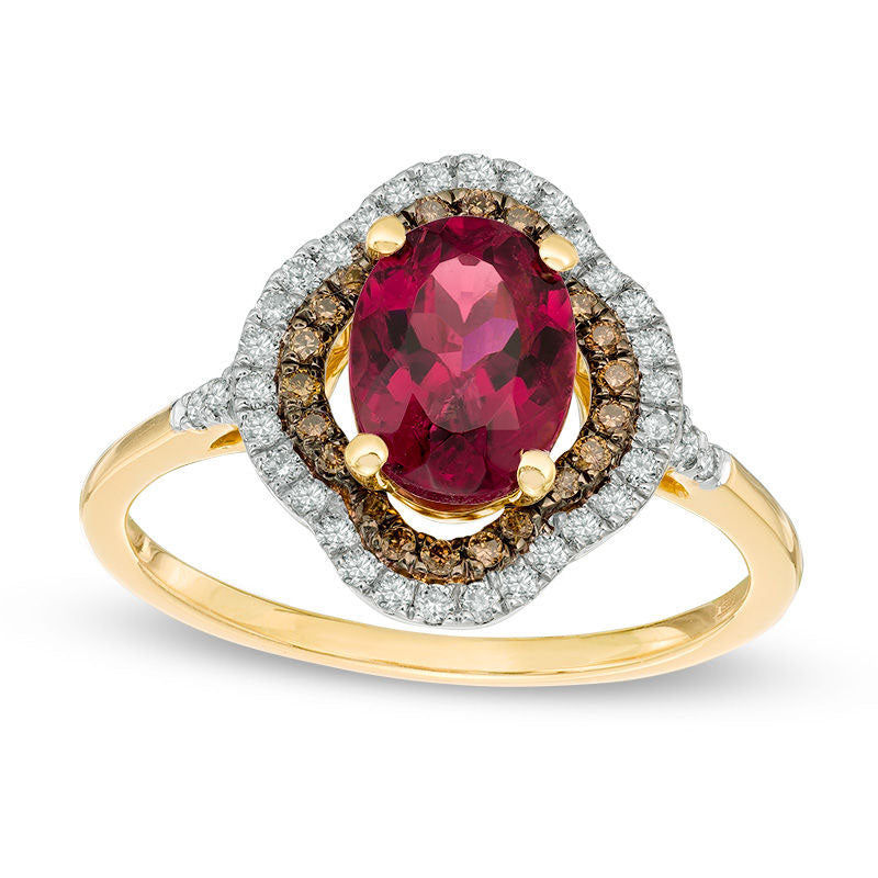 Oval Rubellite Tourmaline and 0.33 CT. T.W. Champagne and White Natural Diamond Double Frame Ring in