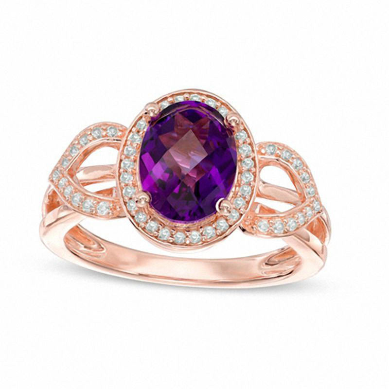 Oval Amethyst and 0.20 CT. T.W. Natural Diamond Frame Petal Ring in Solid 10K Rose Gold