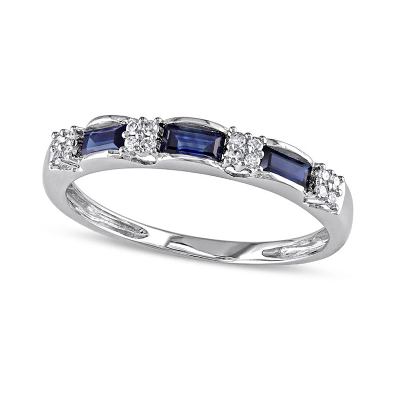 Baguette Blue Sapphire and Natural Diamond Accent Three Stone Band in Solid 10K White Gold