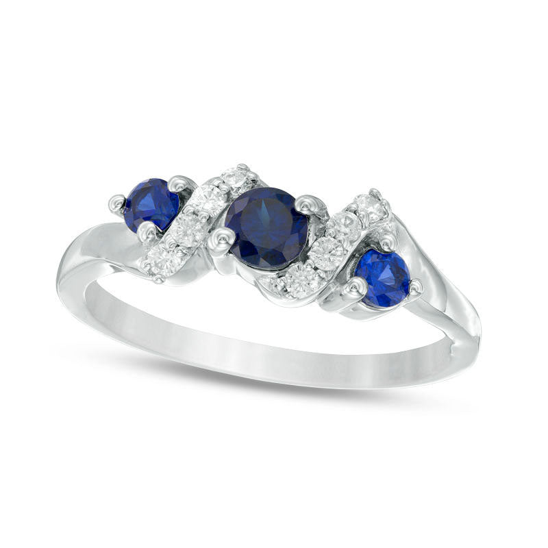 4.0mm Lab-Created Blue Sapphire and 0.10 CT. T.W. Diamond Overlay Three Stone Ring in Sterling Silve