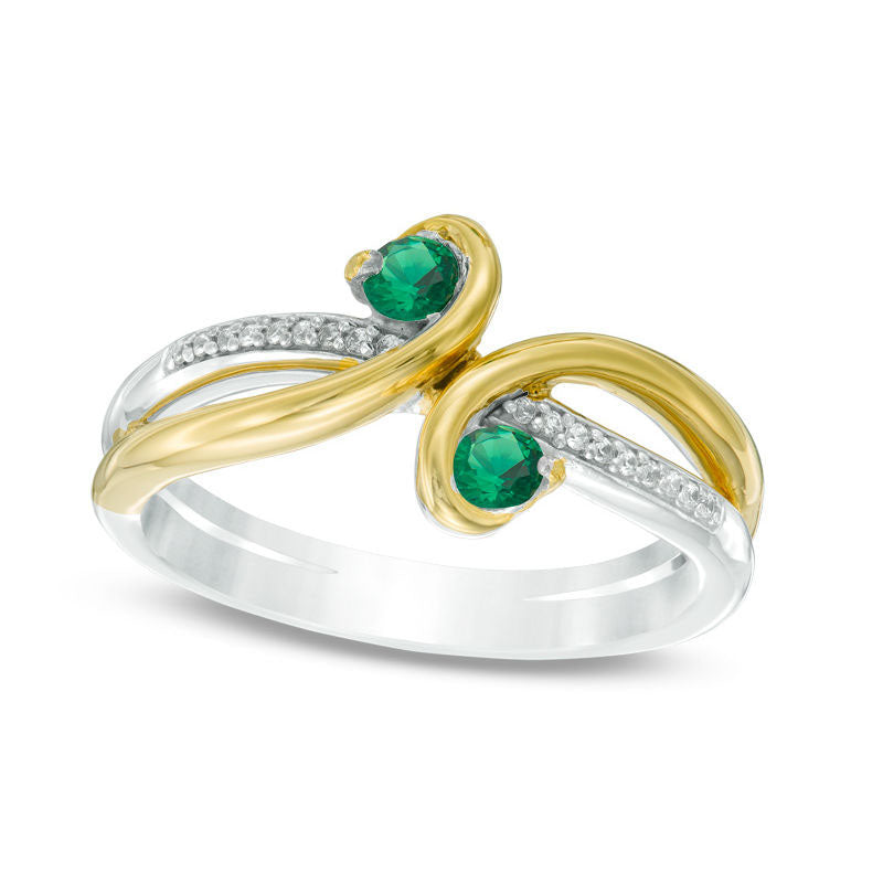 Lab-Created Emerald and Diamond Accent Split Shank Bypass Ring in Sterling Silver and Solid 10K Yell