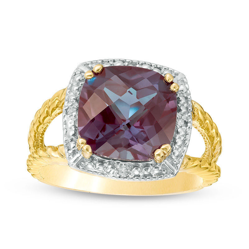 10.0mm Cushion-Cut Lab-Created Alexandrite and Diamond Accent Frame Split Shank Rope Ring in Solid 1