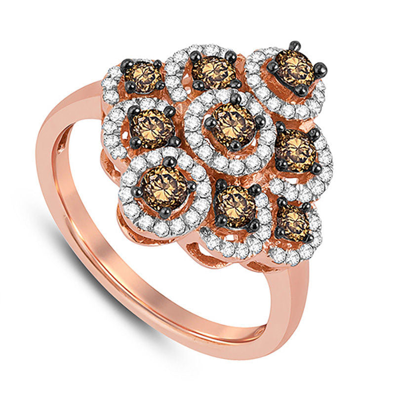 1.0 CT. T.W. Champagne and White Natural Diamond Frame Cluster Ring in Solid 10K Rose Gold