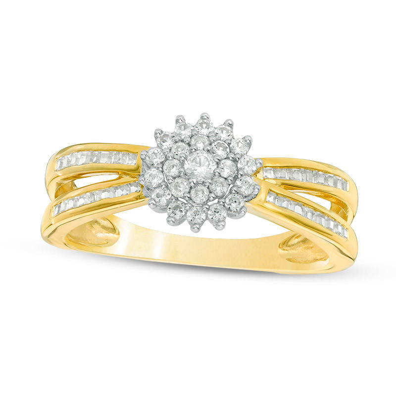 0.33 CT. T.W. Composite Natural Diamond Sunburst Split Shank Ring in Sterling Silver with Solid 14K 