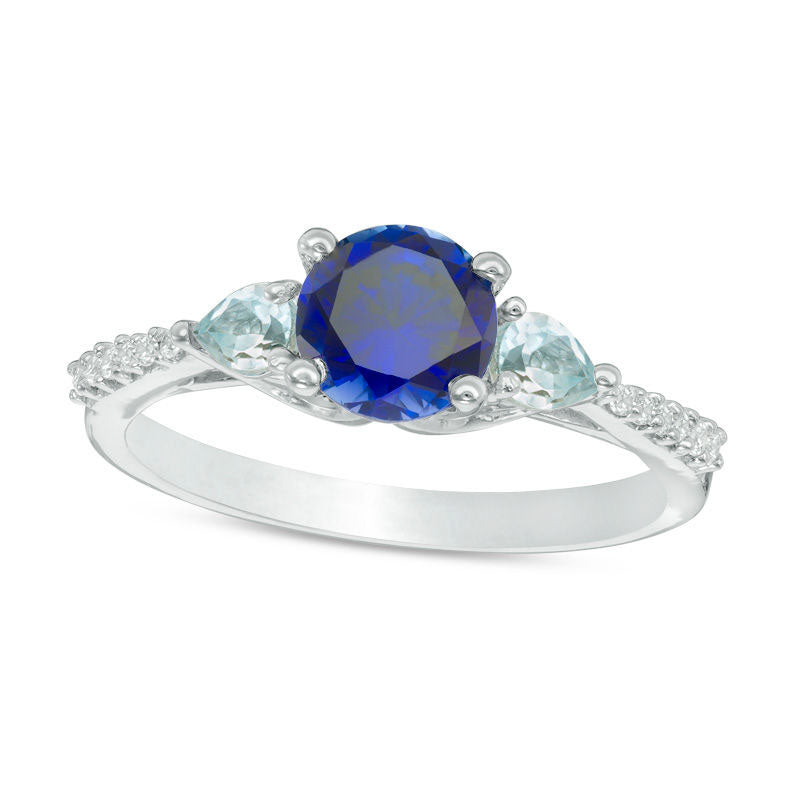 6.2mm Lab-Created Blue Sapphire Aquamarine and Diamond Accent Three Stone Ring in Solid 10K White Go