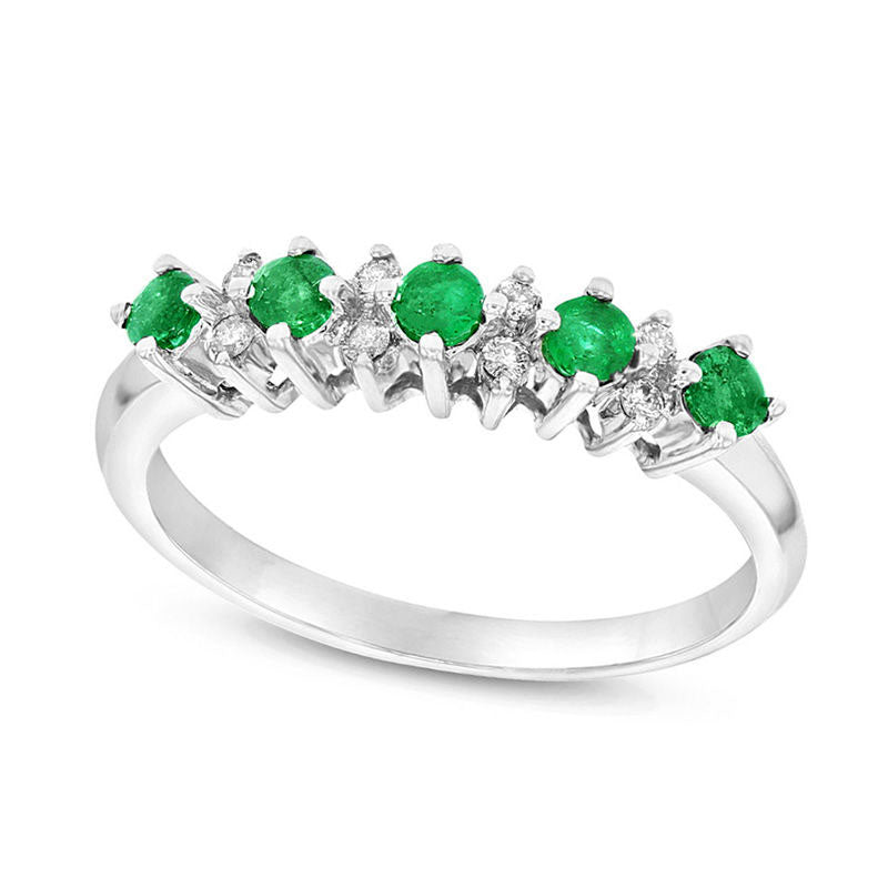 Emerald and Natural Diamond Accent Alternating Five Stone Band in Solid 14K White Gold