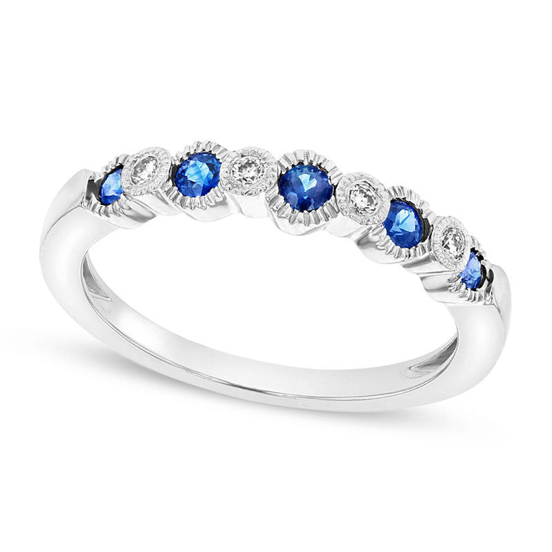 Blue Sapphire and Natural Diamond Accent Alternating Five Stone Band in Solid 14K White Gold