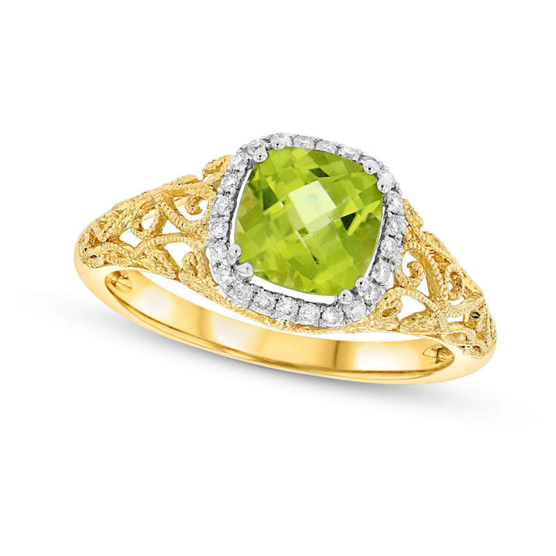 7.0mm Cushion-Cut Peridot and 0.13 CT. T.W. Natural Diamond Antique Vintage-Style Scroll Ring in Sol