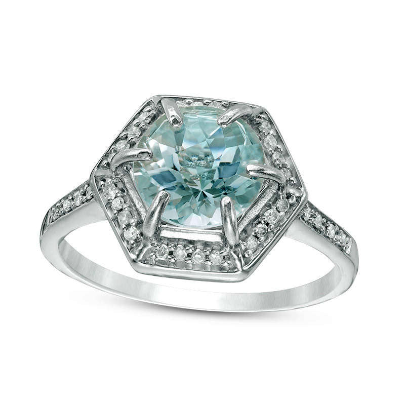 8.0mm Aquamarine and Natural Diamond Accent Hexagon Frame Ring in Solid 10K White Gold