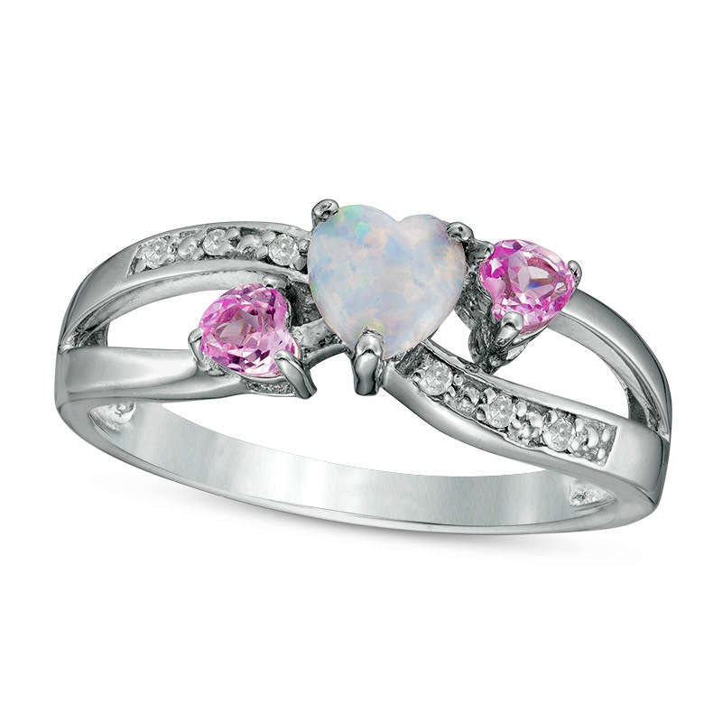 Heart-Shaped Lab-Created Opal Pink Sapphire and Diamond Accent Three Stone Ring in Sterling Silver