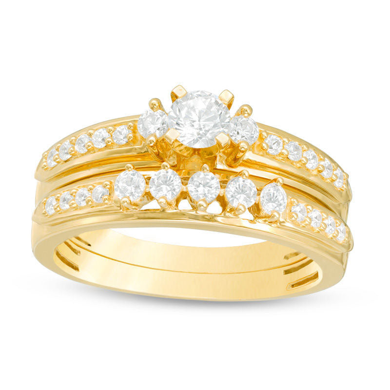 0.63 CT. T.W. Natural Diamond Three Stone Bridal Engagement Ring Set in Solid 14K Gold