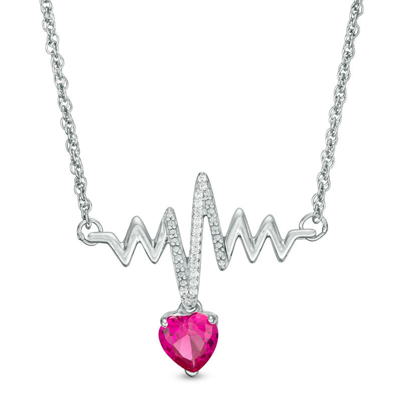 6.0mm Heart-Shaped Lab-Created Ruby and Diamond Accent Heartbeat Necklace in Sterling Silver