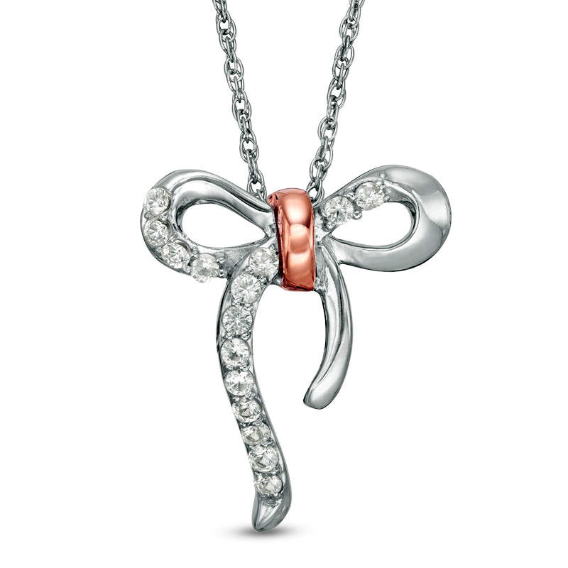 Lab-Created White Sapphire Bow Necklace in Sterling Silver and 10K Rose Gold