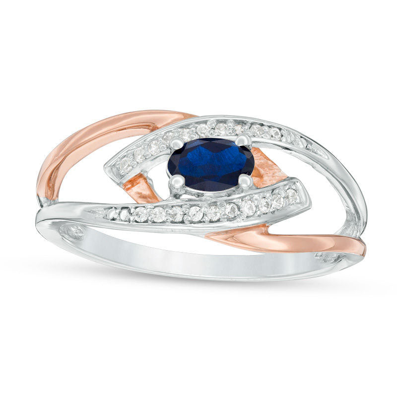 Oval Lab-Created Blue Sapphire and Diamond Accent Split Shank Ring in Sterling Silver and Solid 10K 