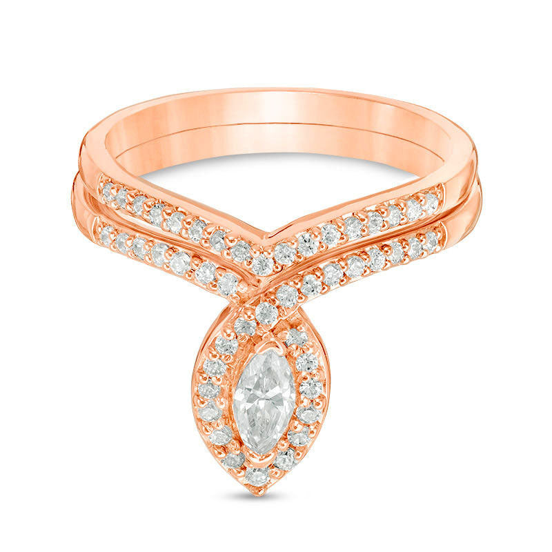 0.50 CT. T.W. Marquise Natural Diamond Frame Bridal Engagement Ring Set in Solid 10K Rose Gold