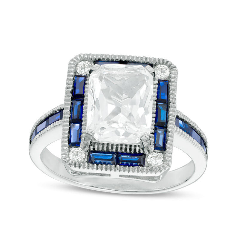 Emerald-Cut Lab-Created White and Blue Sapphire Frame Antique Vintage-Style Ring in Sterling Silver