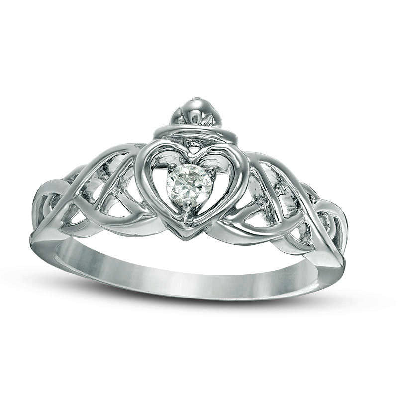 0.10 CT. Natural Clarity Enhanced Diamond Solitaire Braided Claddagh Promise Ring Solid 10K White Go