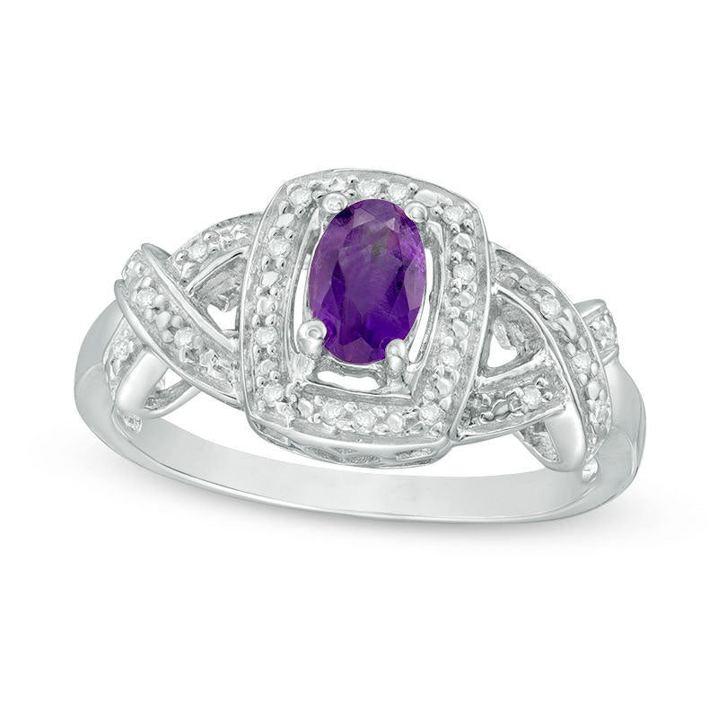 Oval Amethyst and 0.05 CT. T.W. Natural Diamond Cushion Frame Twist Ring in Sterling Silver