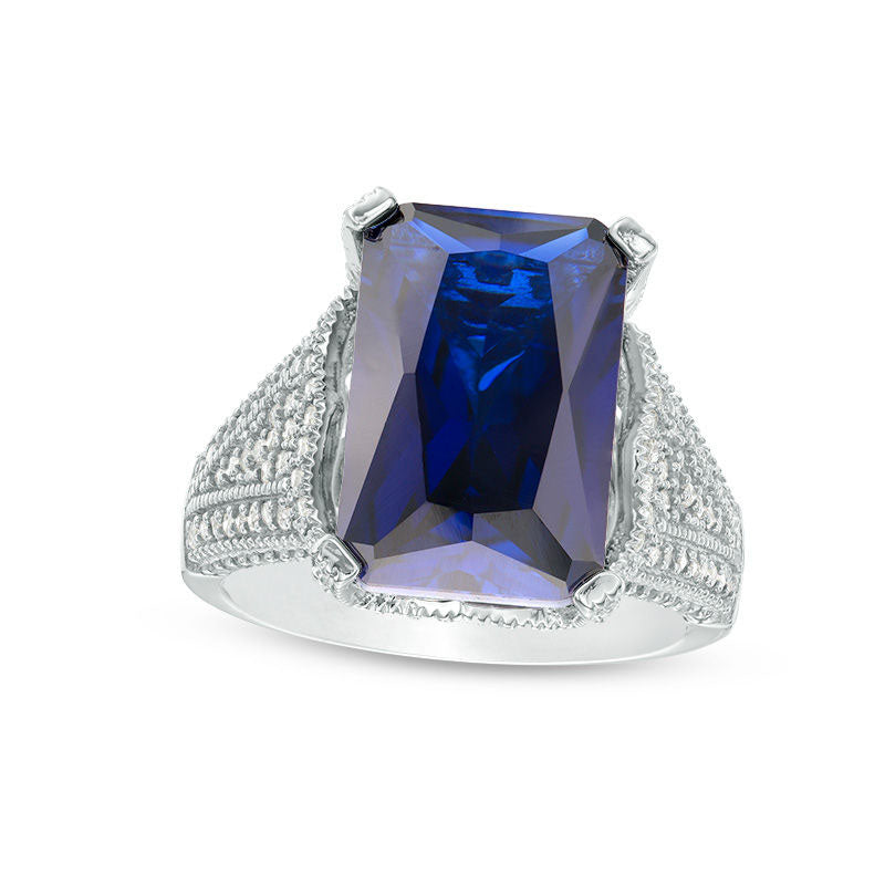 Emerald-Cut Lab-Created Blue and White Sapphire Antique Vintage-Style Ring in Sterling Silver